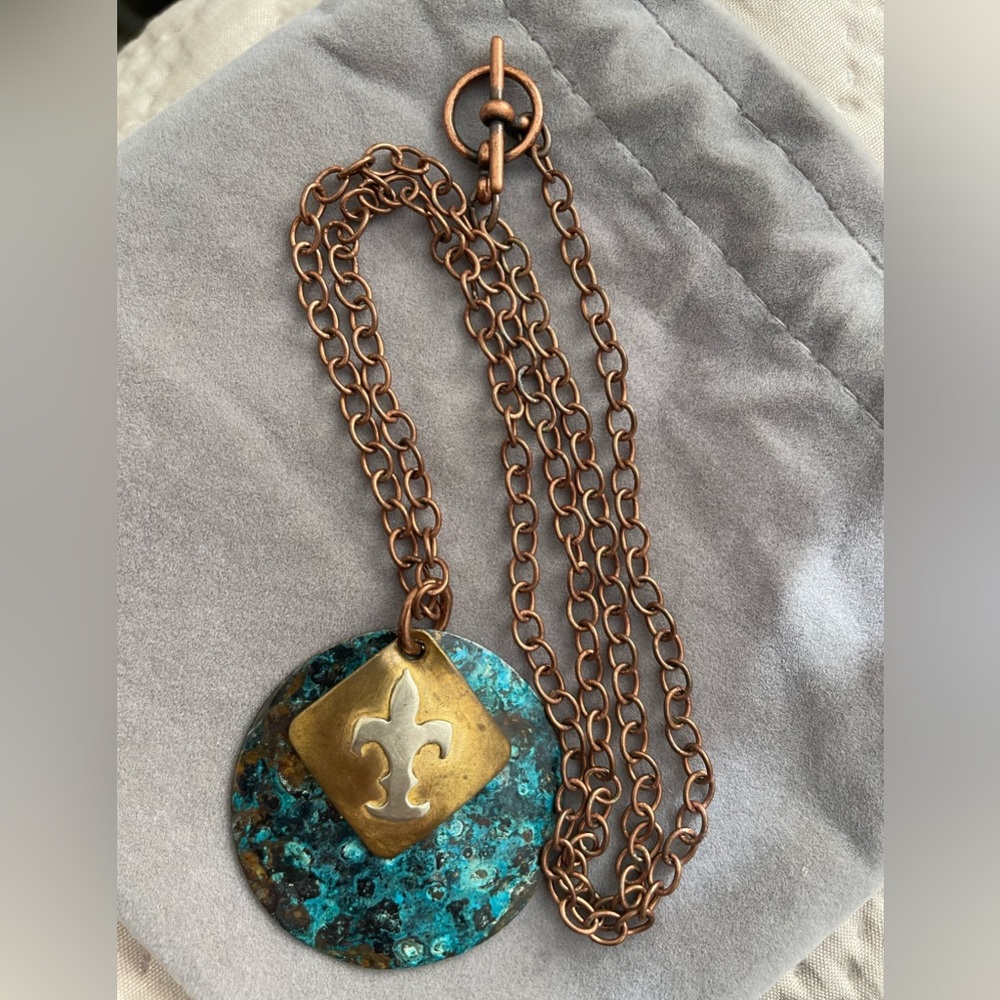 Copper necklace, Brass and sterling silver pendant.